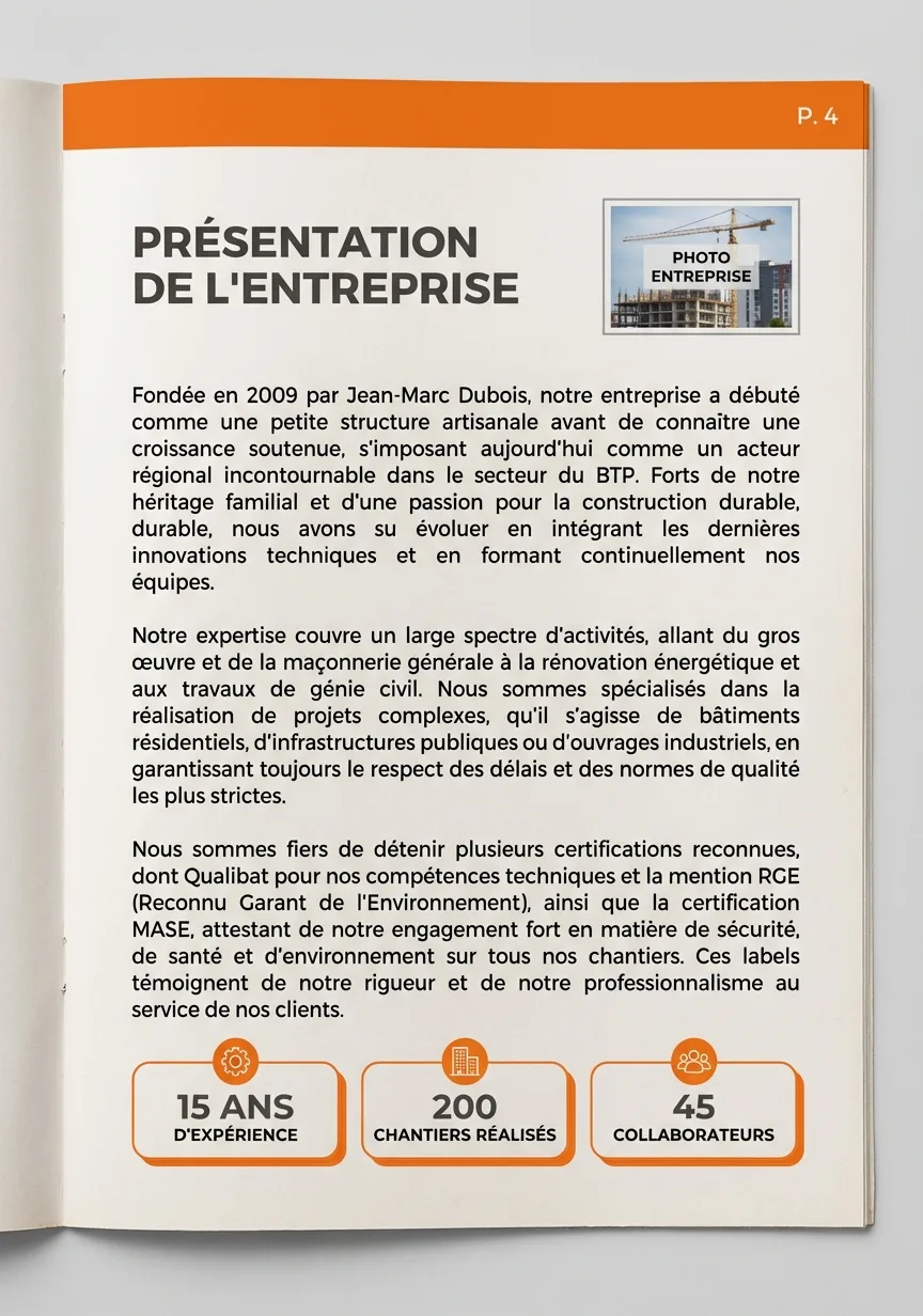 Page présentation de l'entreprise dans un mémoire technique BTP